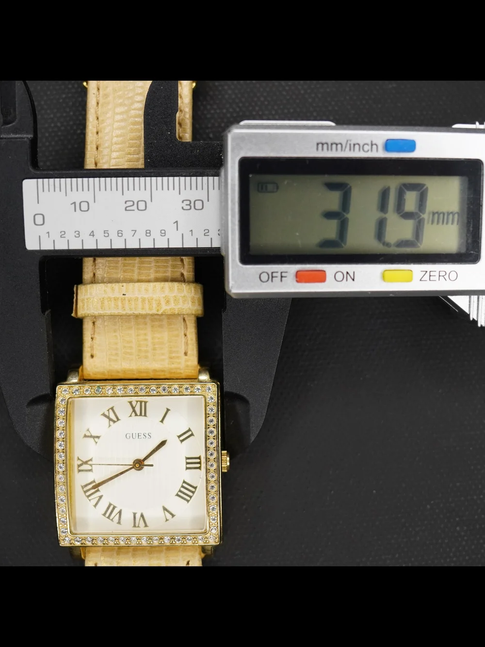 GUESS Women’s Gold-Tone Square Rhinestone Bezel Roman Numeral Quartz Beige Strap
